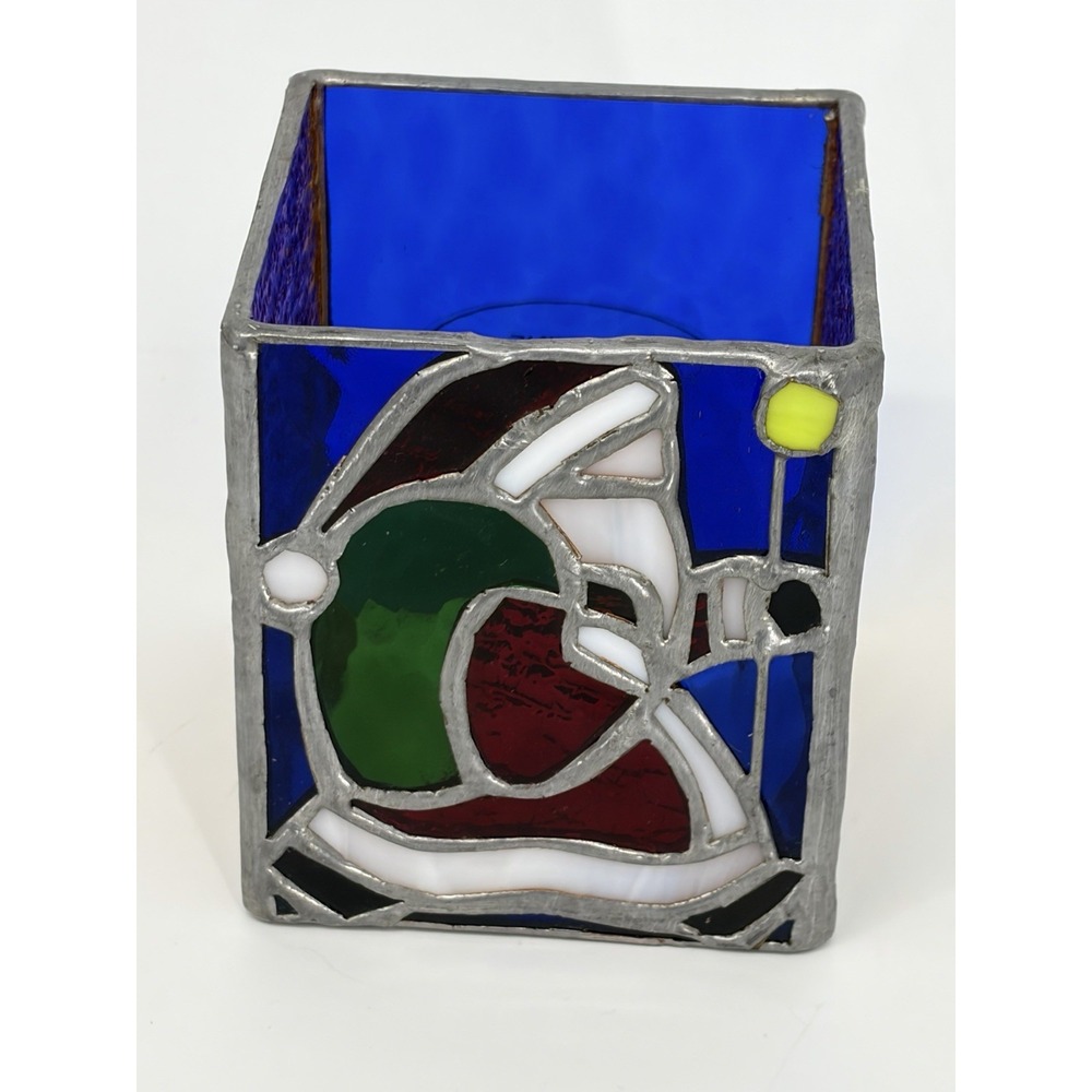 Vintage Stained Glass Santa Claus Candle Holder Christmas Decor